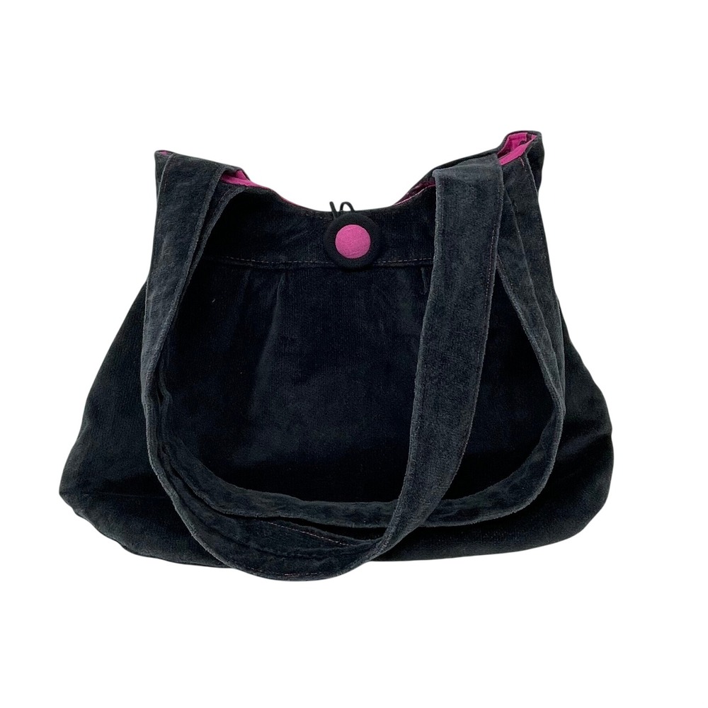 Y2K Black Corduroy Shoulder Tote Bag Pink Lining Button Closure 2000s Hobo Retro